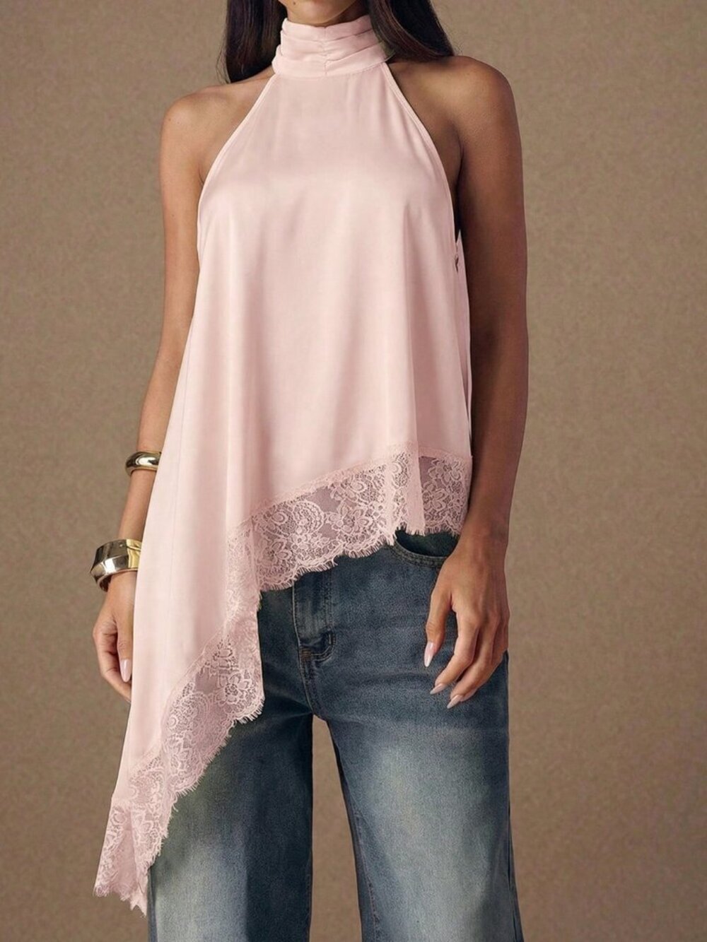 Pink Women's Casual Lace Backless Halter Satin Camisole Top